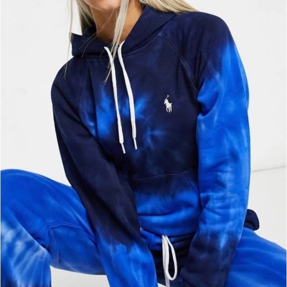 Women's Ralph Lauren Blue Spiral Tie Dye Swirl Hoodie Sweatshirt Sz XL Clean
